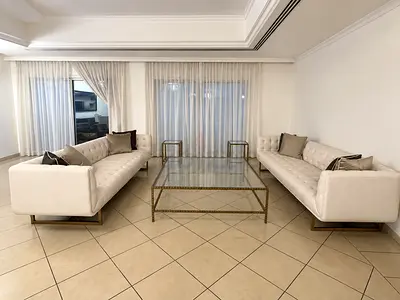 Negotiable - 2XL Complete Salon Set | 2 Sofas + 3 Glass and Gold-Tone Tables