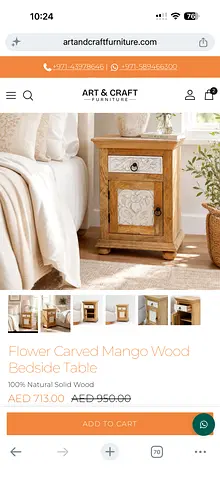 Flower Carved Mango Wood Bedside Table - Solid Wood - BRAND NEW