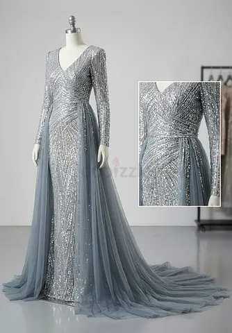 Silver Sequined Evening Gown with Tulle Train, Size S height 160