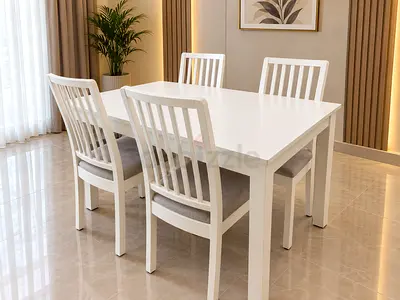 White Wooden Dining Table with 4 Matching Chairs - Modern Minimalist Set