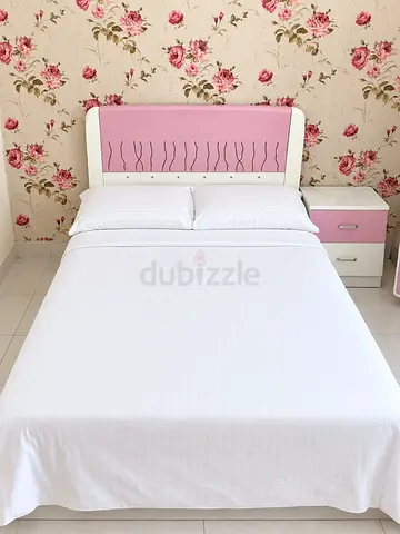 Kids White/Pinkish purple queen bed and Matching Nightstand, wardrobe and dresser - Good Condition