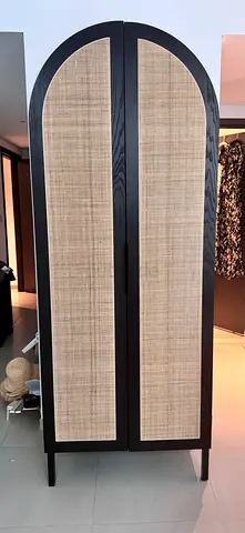 Black wooden armoire / wardrobe with rattan panels - excellent condition