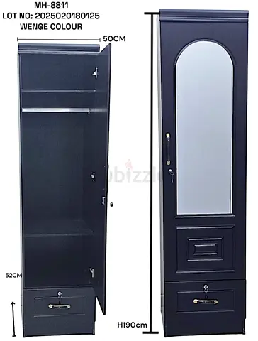 Wenge Tall Wardrobe Cabinet with Mirror - 190cm (Single Door)