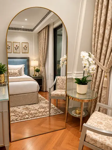 Large Gold-Framed Full-Length Arch Mirror - Elegant Bedroom Piece