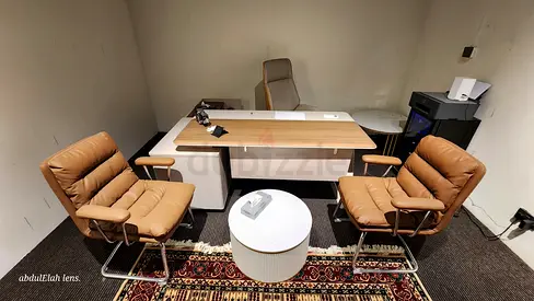 Office desk with leather visitor chairs and side cabinet - good condition