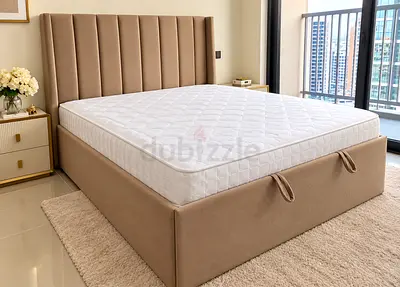 Queen size upholstered bed frame with headboard and storage