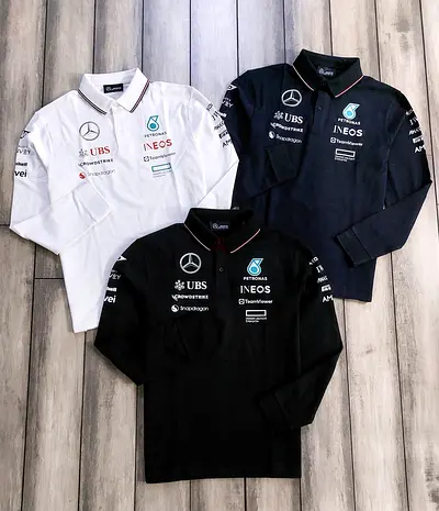 Three Mercedes-AMG Petronas Team Long-Sleeve Polo Shirts (Black & White)