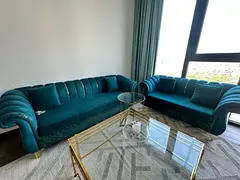 Teal Velvet Curved Sofa Set – 3-Seater and 2-Seater, Good Condition