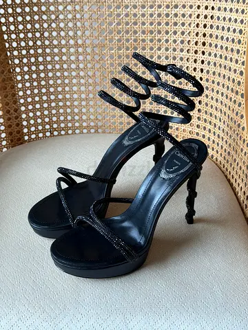 Black strappy high-heel sandals with spiral ankle detail (used)