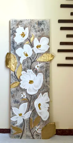 Hand-painted Floral Wall Art Panel with Gold Accents