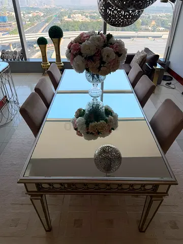 8-Seater Dining Set | Glass/Mirrored Table + 8 Velvet Chairs | TheOne Furniture