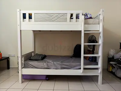 Solid White Wooden Bunk Bed - Twin Over Twin, Good Condition with two single bed.