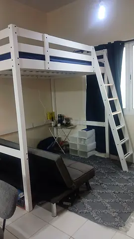 White wooden loft bunk bed frame with ladder - double/twin size