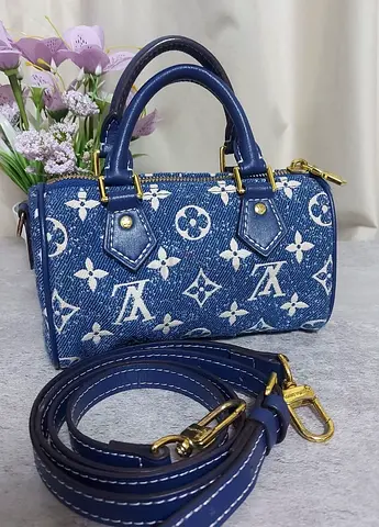 Blue Monogram Mini Satchel Bag with Detachable Strap
