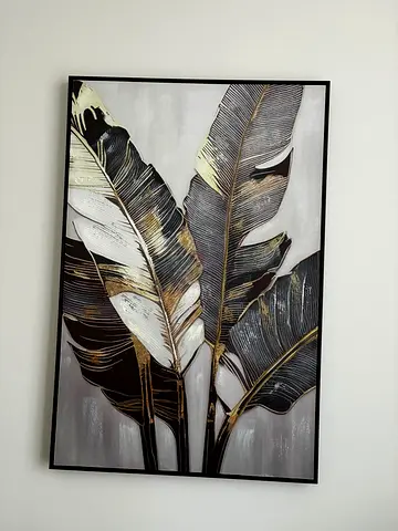 Framed Tropical Leaf Wall Art - Black & Gold 120 x 80 cm
