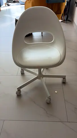 White plastic swivel office chair with desk — good used condition
