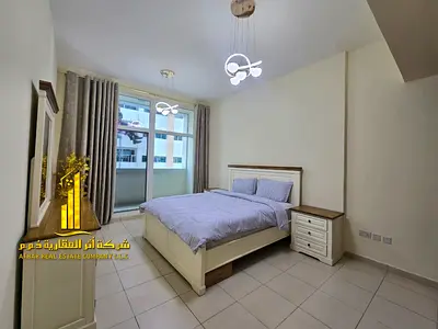 Luxury apartment, second occupancy, one bedroom, living room with open balcony. Ajman One Tower. Fully furnished, available for monthly rent.