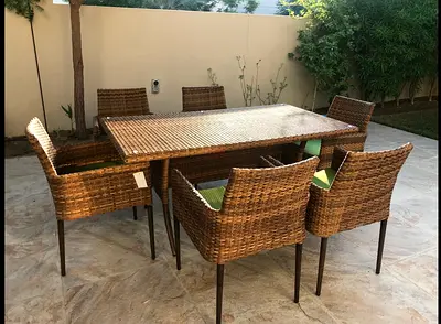 Outdoor rattan dining set - table + 6 chairs, good condition