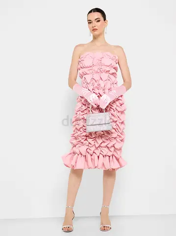 Brand new- Pink Ruffled Strapless Midi Dress - Feminine Occasion Wear