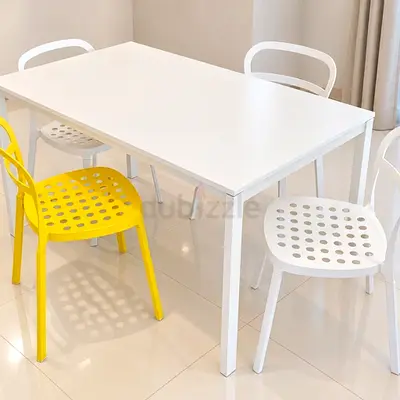 IKEA MELLTORP table. White Dining Table with 4 Modern Metal Chairs (1 Yellow Accent)