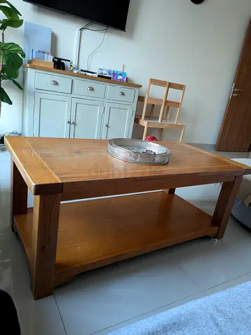 Solid Wood Coffee Table with Lower Shelf - Oak Finish