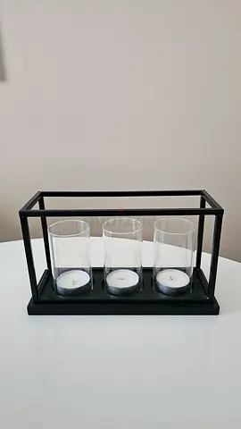 Set of 3 Glass Candle Holders in Black Metal Frame - 30,5L x 11,5W x 18H