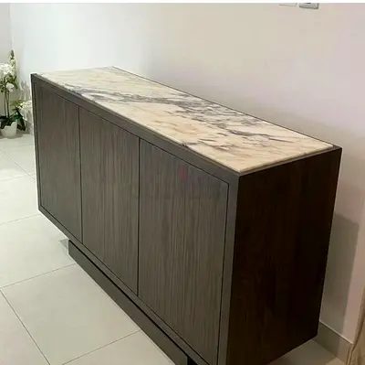 Custom Made Natural Travertine TV Unit with Sleek Low-Profile and Modern Minimalist Appearance
