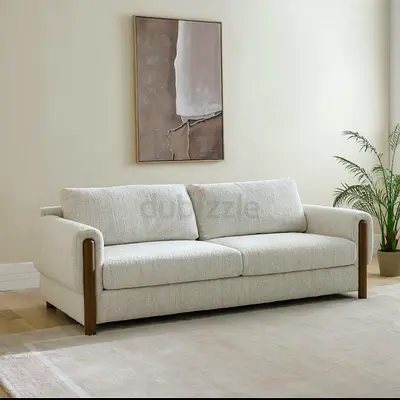3-Seater Beige Fabric Sofa with Wooden Accents - rarely used.
