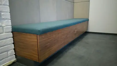 Luxury Custom Made Banquette Bench with Vertical Quilted Backrest, Soft Upholstery and Wooden Storag