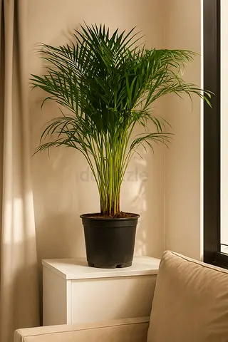 Healthy indoor palm plant in black pot - ready for home