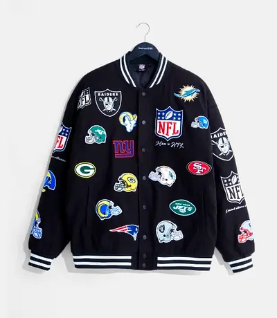 NFL ALL TEAMS BADGES BLACK VARSITY JACKET