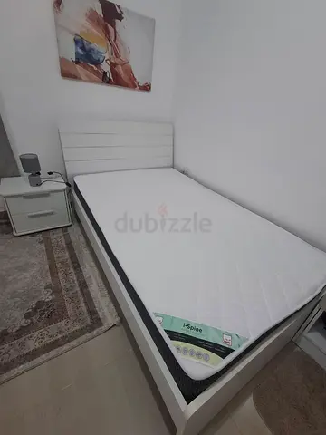White twin bed frame 130cm×200cm  with mattress and bedside drawer - good condition