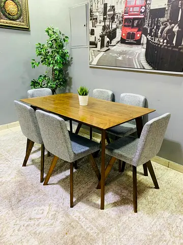 Wooden 6-Seater Dining Table with Upholstered Grey Chairs