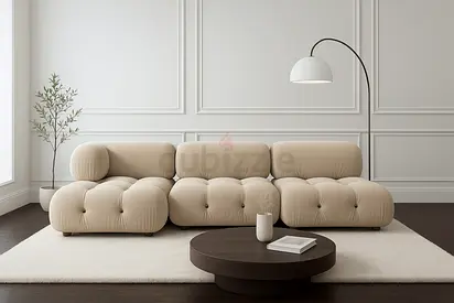 Beige Modular Tufted 3-Seat Sofa - Modern Low-Profile Design