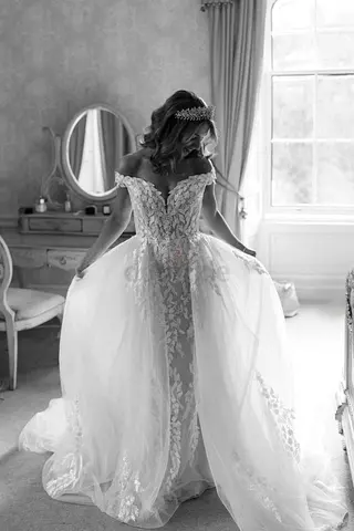 Justin Alexander Diedra lace off-shoulder wedding dress with removable tulle skirt/ train UK 8-12