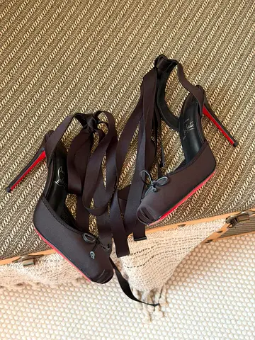 Christian Louboutin Black Satin Red Sole Lace-Up Heels (Size not specified)