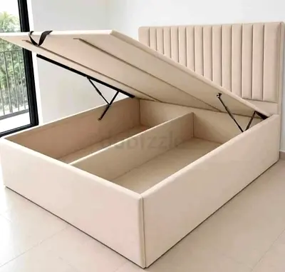 Beige Upholstered Storage Bed with Headboard - Queen/Double