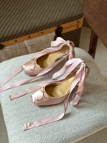 Light pink satin ballet-style heels with ankle ribbons, size EU 38