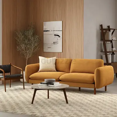 Caramel brown velvet 3 seater sofa