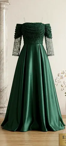 Emerald Green Off-Shoulder Evening Gown, Beaded Bodice