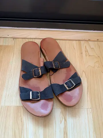 Black double-strap buckle flat sandals, gently used