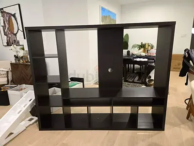 Large dark wood open entertainment/room divider shelving unit