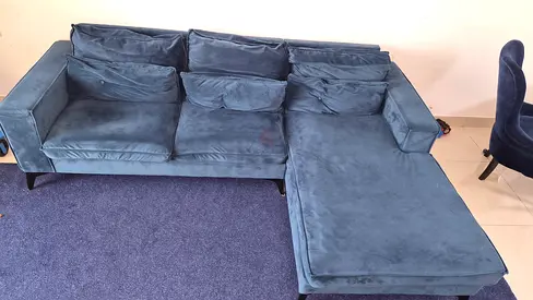 Home Box Velvet L-Shape  Sofa with Chaise (Plush & Deep Blue)