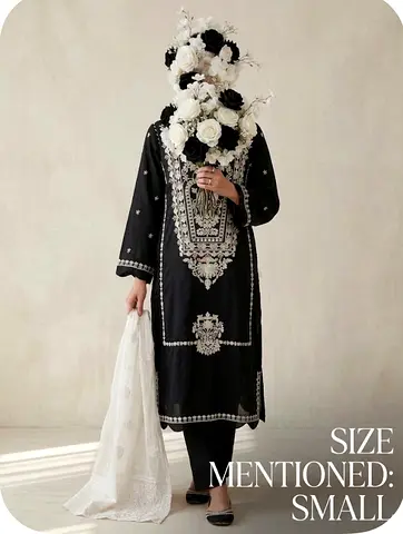 Black embroidered kurta set with white dupatta - Size S