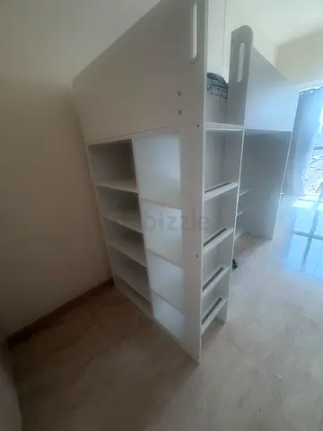 Two wooden loft beds with built-in shelves + 2 mattresses and 2 office chairs — good condition