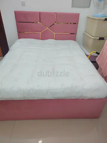 Pink Velvet Double Bed with Geometric Headboard
