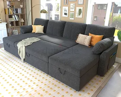 Modern Grey U-Shaped Sectional Sofa Bed with Pull-Out Sleeper and storage