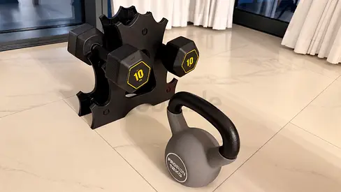 Set of Dumbbells with Stand and 10 Kettlebell - Light Home Gym Equipment