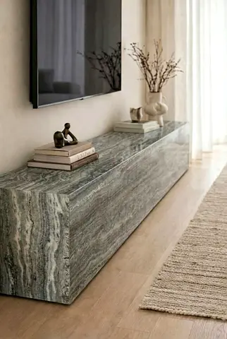 Premium Custom Made Grey Travertine Entertainment Unit with Natural Stone Texture, Wide and Modern L