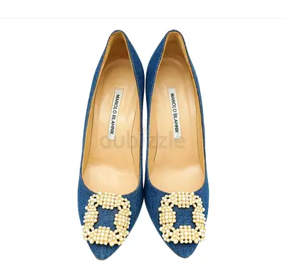 Manolo Blahnik Blue Denim Pearl Embellished Hangisi Pumps 38